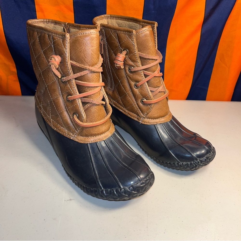 Stevies Duck Boots Women Size 6 Navy Blue Brown Side Zip Snow, Rain Steel Shank